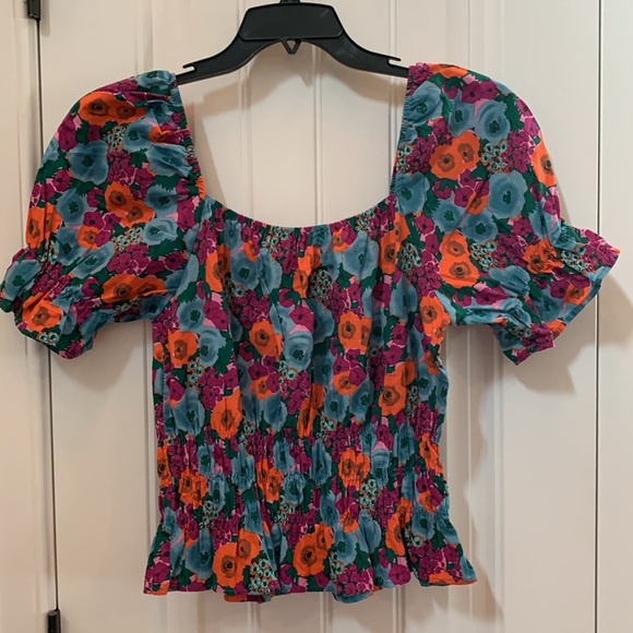 VICI Lush Boho Blue Orange Purple Floral Smocked Top L - Picture 5 of 7